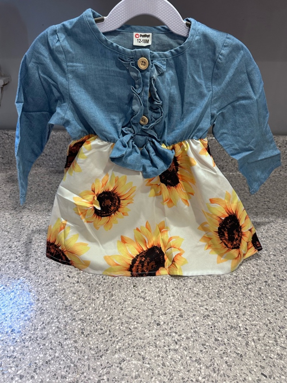 PatPat Sunflower & Blue Chambray Baby Dress with Wood-Tone Button